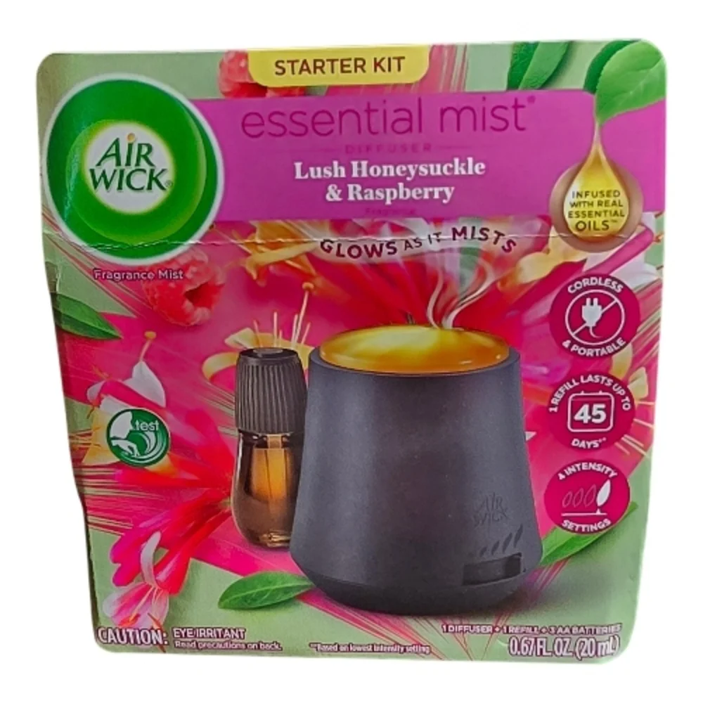 🌸🍓Air Wick Essential Mist Diffuser Starter Kit Honeysuckle Raspberry NEW - Picture 1 of 4